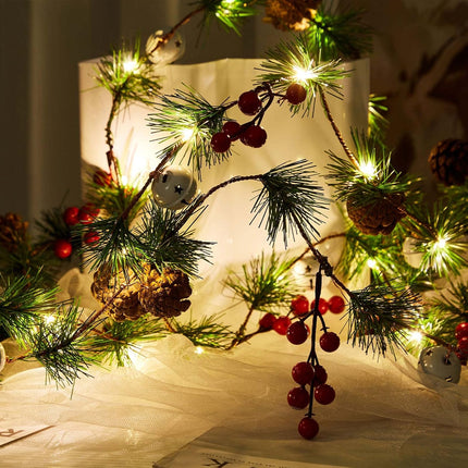 Fleeting Time Pine Cone Christmas Garland Lights, 2 Pcs 6.56 Ft 20 LED Lights String with Red Berry and Bells,Indoor Outdoor Thanksgiving Xmas Holiday Decoration (Bell)