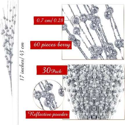 Geosar 30 Pcs Christmas Artificial Glitter Berry Stem Decorations Bead Sticks Pick 17 Inch Xmas Ornaments Glittery Twigs for Christmas Tree Halloween Wreath Vase Filler Home Decor(Silver)