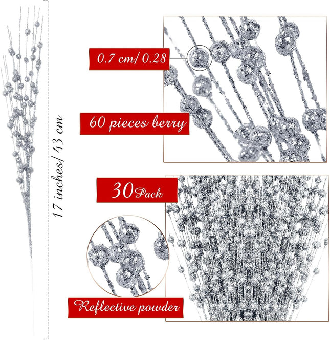 Geosar 30 Pcs Christmas Artificial Glitter Berry Stem Decorations Bead Sticks Pick 17 Inch Xmas Ornaments Glittery Twigs for Christmas Tree Halloween Wreath Vase Filler Home Decor(Silver)