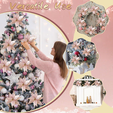 12 Pcs Christmas Glitter Fabric Poinsettia 10 Inch Artificial Christmas Flower with Clips Large Head Christmas Tree Ornaments Faux Xmas Flower with Stems for Wedding Party (Rose Gold)
