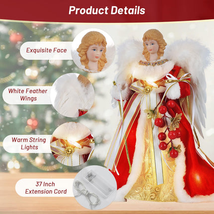 Angel Tree Topper with Lights Red Christmas Tree Topper Angel 11.8 Inch Lighted Angel Tree Topper Battery Operated Small Angel Christmas Tree Topper Christmas Angel Decorations