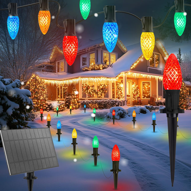 Brightown Solar C9 LED Christmas Lights Outdoor House, 50Ft 40 Faceted Bulbs Christmas Pathway Lights, Waterproof Strawberry Lights for Walkway Driveway Sidewalk Decorations Outside, Multicolor