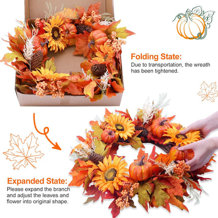Consevisen Fall Wreaths for Front Door, 22 Inch Artificial Sunflowers Pumpkin Wreath with Maple Leaves Berries Pine Cones Autumn Wreath for Thanksgiving Farmhouse Harvest Halloween Porch Home Decor