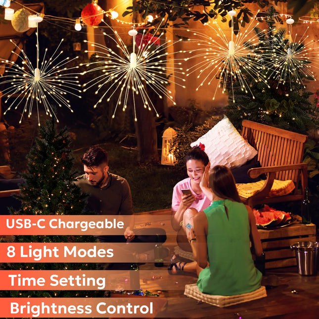 Firework Lights Outdoor 120 LED String Lights with Remote, 8 Modes, Timer USB Rechargeable Battery Powered Smart Night Light for Christmas Tree Birthday Party Decorations Indoor Bedroom, 4 Pack