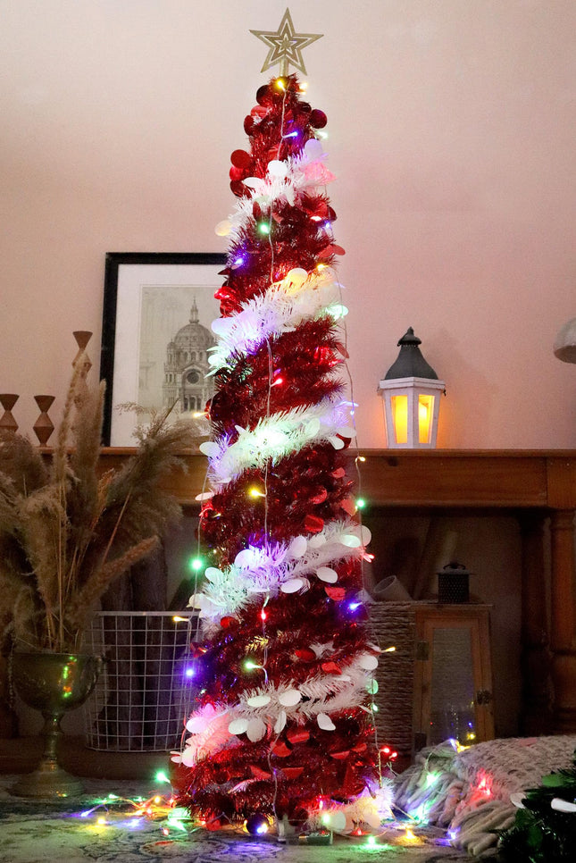 HMASYO 5 FT Pop Up Christmas Tree with Timer Colorful Lights - Red White Tinsel Skinny Christmas Tree, Collapsible Artificial Pencil Tree Holiday Decoration for Home, Apartment, Office, Party