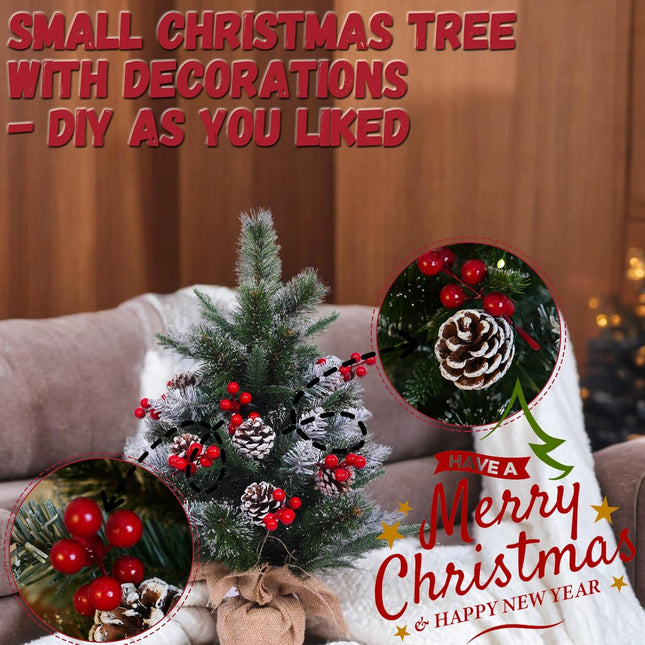 Small Christmas Tree with Lights 2 ft Tabletop Christmas Tree with 45 Warm White Lights (8 Modes), 6 Pinecones & Berries Set, 53 Tips (Thin Silver Glitter) Fluffy and Realistic Add Holiday Touch