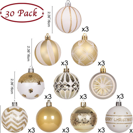 30ct 2.36 Inch Christmas Ball Ornaments, White and Gold Shatterproof Christmas Tree Decorations Balls Ornaments Set, Elegant Hanging Ornament for Xmas Tree Holiday Decor