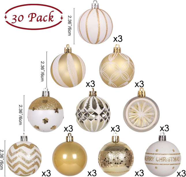 30ct 2.36 Inch Christmas Ball Ornaments, White and Gold Shatterproof Christmas Tree Decorations Balls Ornaments Set, Elegant Hanging Ornament for Xmas Tree Holiday Decor