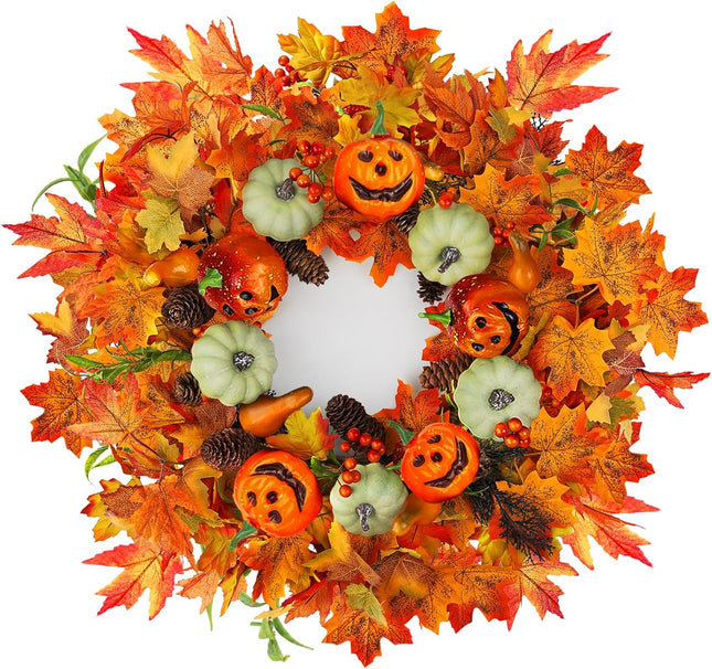 22 Inch Fall Wreath for Front Door Outside, ZOXILEN Pumpkin Wreath with Berries Maple Leaves Pine Cones, Fall Harvest Wreaths Autumn Farmhouse Wreath for Thanksgiving Christmas Indoor Outdoor Decor