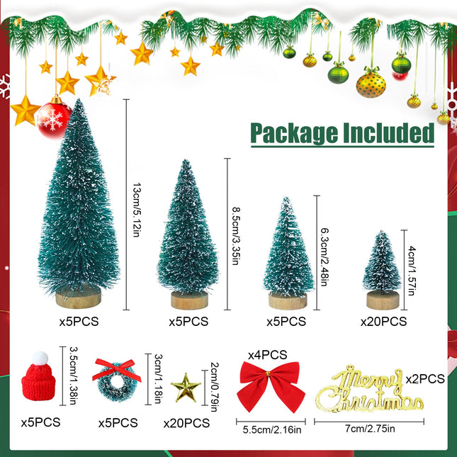 Mini Christmas Trees Tabletop Decorations, 79Pcs Artificial Christmas Tree Bottle Brush Trees Set with Star Tree Toppers Mini Christmas Wreath Merry Christmas Sign DIY Accessories Ornaments