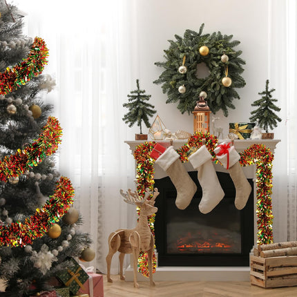 Sggvecsy 49.2Ft Christmas Green Red Gold Tinsel Garland Xmas Tree Decorations Christmas Metallic Twist Garland Ceiling Hanging Decorations for Year Party Birthday Holiday Indoor Outdoor Supplies
