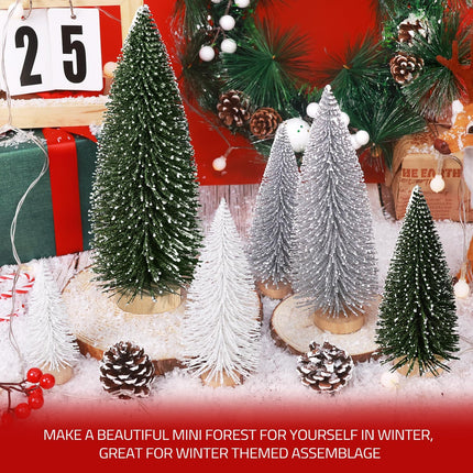 6pcs Mini Christmas Trees Christmas Decor, Artificial Christmas Mini Bottle Brush Trees Tabletop, Christmas Decoration Trees with 4 Size Xmas Holiday Decor (6pcs Green+Silver+White)