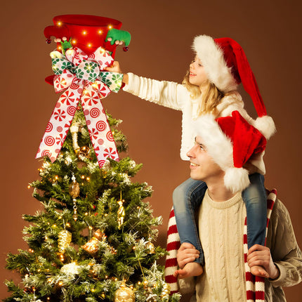 Christmas Tree Topper Hat Lighted,Large Red Velvet Hat with Elf Legs and Lengthened Bowknot, Small Bells and Light Strings,Christmas Tree and Tabletop Decorations for Holiday Home Decor