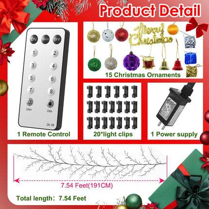 Willow Vine Lights Room Decor,7.5Ft Christmas Swags Decorations Indoor Walls Decor with Remote Control,18 Branches 144 LEDs Twinkle Tree Lighted Branches for Walls Bedroom Home Decor（1PCS）