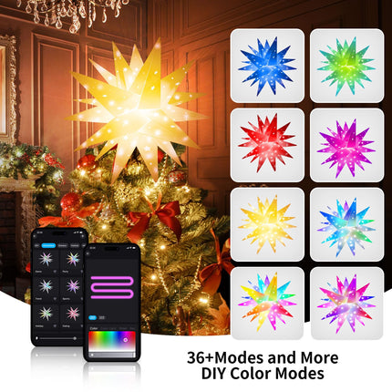 Smart 13" Moravian Star Tree Topper Lighted - 54 LED 3D Foldable Christmas Star Tree Topper with Lights, App Control Music Sync Top LED Tree Top with Remote Indoor Outdoor Decoration (Hollow Stars)