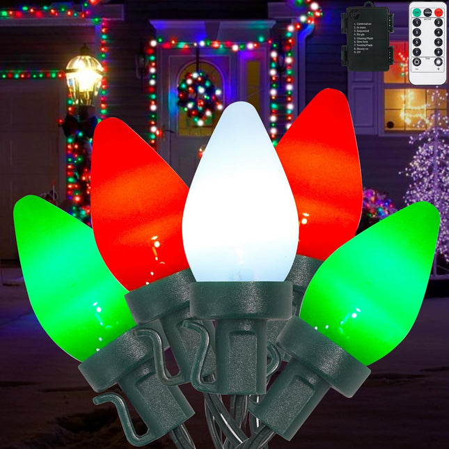 C7 Bulbs Christmas String Lights with Remote - 50 LED 26ft Battery String Lights - Fairy Christmas Lighting for Indoor Lawn Garland Home Xmas Dorm Christmas Tree Decorations - Red White Green