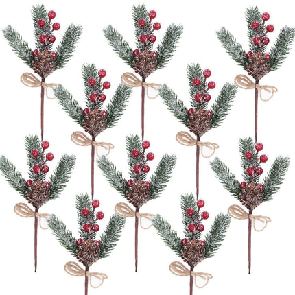 10PCS Artificial Christmas Picks Red Berry Stems Faux Snow Frosted Pine Branches Holly Spray with Bow-knot Pinecone for Xmas Tree Flower Arrangement Wreath Winter Holiday Season Décor (Red, 10)