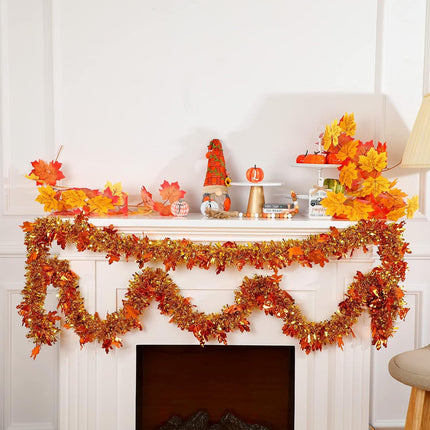 Dingion Thanksgiving 6 Pcs/ 39 Ft Fall Leaves Orange Tinsel Garland Gold Maple Leaf Metallic Twist Garland Decor Pumpkin Autumn Christmas Party Supplies for Home Door Fall Decoration(Maple Leaf)