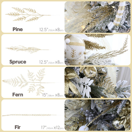 Sea Team 36-Pack Artificial Glitter Pine Twigs, Spruce Stem Ornaments, Decorative Fern Sticks, Picks, Branches for Christmas Tree, Wreath, Vase Fillers for Centerpieces, Home Décor, Gold