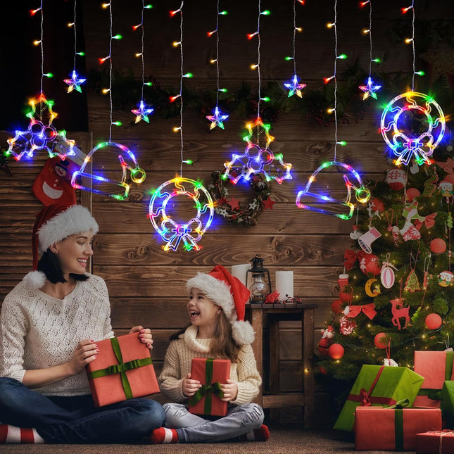 LOLStar Christmas Window Lights, 180 LED Multicolor Hanging Christmas Party Decorations, Hat Wreath and Holly Berry, Indoor String Lights Connectable 8 Flashing Modes Curtain Lights for Year