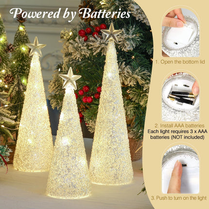 Lewondr LED Glass Christmas Tree Tabletop with Glitters & Beads Warm Yellow Light, 3 PCS 6H Timer Battery Operated Christmas Table Lamps Ornaments for Xmas Table Decorations Holiday Season Decor