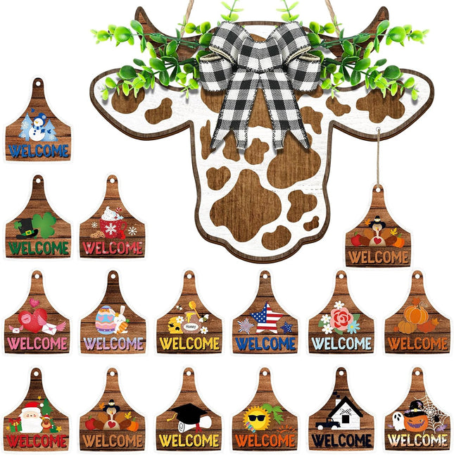 Suzile 16 Pcs Highland Cow Decor Cow Head Door Wreath Sign Interchangeable Welcome Sign Wood Farmhouse Decor s for Fall Thanksgiving Halloween Christmas Autumn Home,16.5 x 12 Inch (Urban Cow)