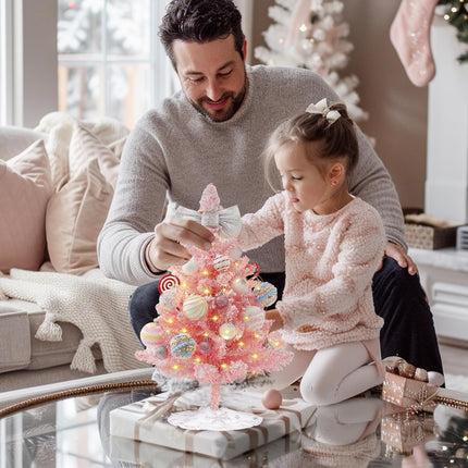 Mini Pink Christmas Tree, 2ft Artificial Small Tabletop Christmas Tree, Table Top Christmas Tree with Bow, Ball Ornaments and White Tree Skirt DIY Christmas Decorations