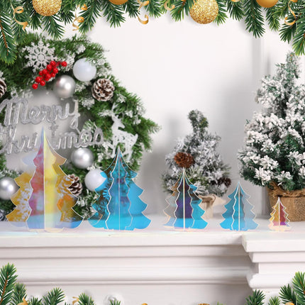 Amyhill 5 Set Holographic Christmas Tree Decor for Fireplace Mantel Iridescent 3D Christmas Tree for Window Shelves Table Centerpieces Modern Frozen Party Decor Winter Decor