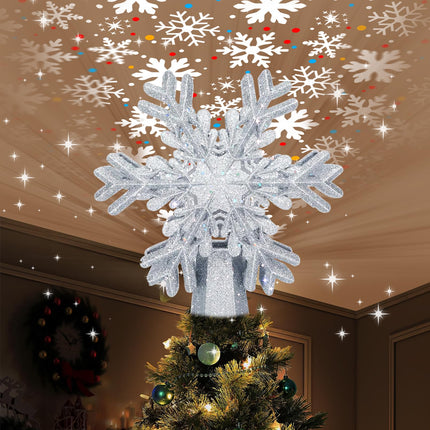 Christmas Tree Topper, 3D Rotating Silver Snowflake Pattern Projector for Xmas Tree Topper, Hollow Design Christmas Decorations, Christmas Decor