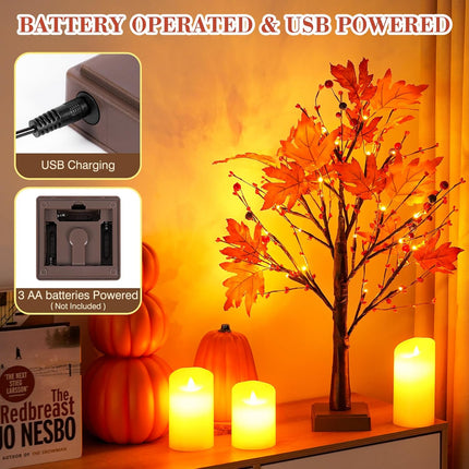 24 Inch 24 LED Artificial Fall Lighted Maple Tree Lighted Fall Tree with Timer Battery/USB Operated, Fall Decor for Autumn Thanksgiving Harvest Fall Home Indoor