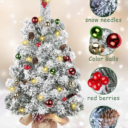 DDHS Artificial Tabletop Christmas Tree,2ft Small Christmas Tree with Ornaments Balls Pine Cones Berries, and 30 Lights Snow Tree, Pre Lit Xmas Tree for Table Home Christmas Party Decor