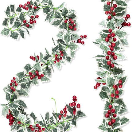 Whaline 2Pcs Christmas Artificial Garland, 15.7Ft Xmas Berry Holly Leaves Garland Christmas Faux Greenery Garland Winter Snowy Red Berries Hanging Vine for Christmas Wedding Party Home Decoration