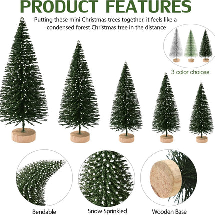 30Pcs Mini Christmas Tree Decor, Artificial Christmas Tree 5 Sizes,Mini Sisal Snow Frost Trees with Wooden Base for Christmas Decor Christmas Party Home Table Craft Decorations (A-Green/Silver)