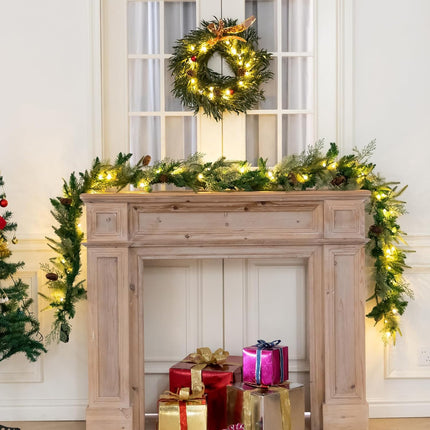 9 FT Artificial Christmas Garland Pre-Lit with 50 LED Lights, Battery Operated with Timer, Greenery Garland Decorated with Pinecones, Needle for Mantle Stairs, Indoor Outdoor Christmas Decorations