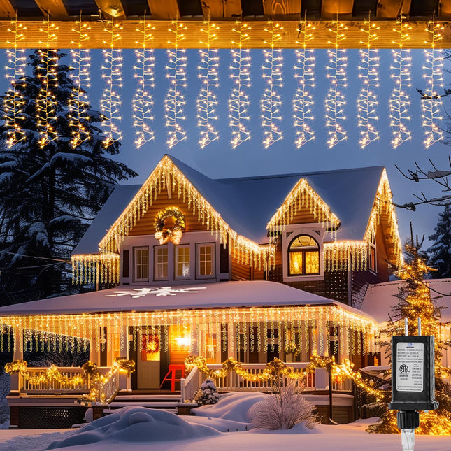 Brightown Cluster Icicle Lights Outdoor, 10FT2.5FT 480 LED Curtain Lights with 12 Mode, Icicle String Lights with Timer, Waterproof Firecracker Christmas Lights Outdoor for Bedroom Indoor, Warm White