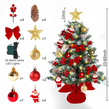 Sggvecsy 23.6’’ Mini Snow Frosted Christmas Tree Table Top Lighted Artificial Xmas Tree Star Treetop Pine Cones Red Bows Balls Santa Clause Red Berries Hanging Ornaments DIY Holiday Indoor Decorations