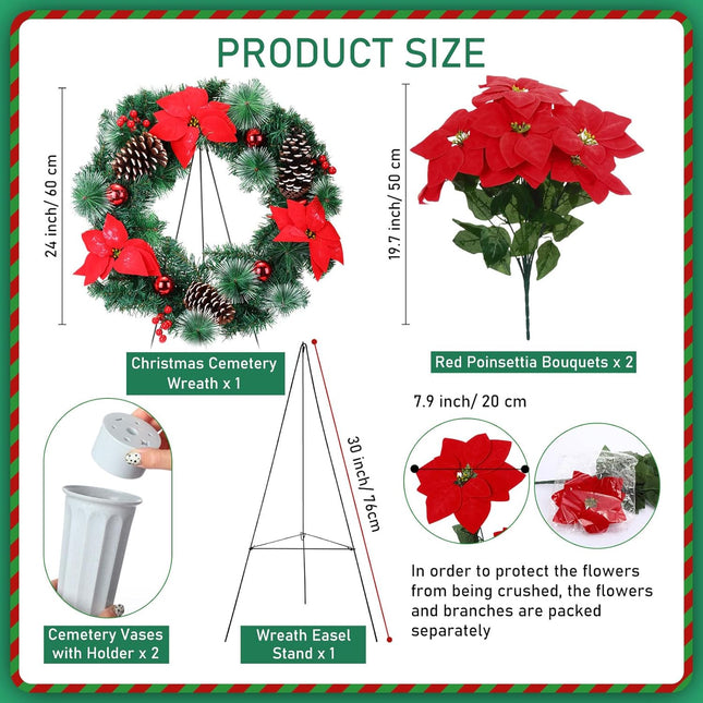 Dingion 4 Pcs 24" Christmas Cemetery Wreath with Easel Stand Gravestone Red Poinsettia Bouquet with Vase Christmas Artificial Memorial Gravestone Wreath Stand Headstone Wreath Outdoor Decoration
