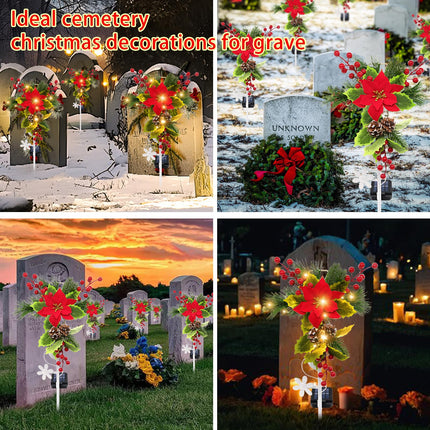 2 Pack Solar Christmas Decorations Outdoor, 32 Inch Solar Christmas Cross Stake Lights, Waterproof Grave Decorations with Poinsettia Flower Pinecones Red Berries for Garden Yard Patio Lawn Cemetery
