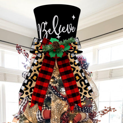 Buffalo Plaid Christmas Tree Topper Top Hat with Handmade Leopard Black and Red Check Bows Xmas Believe Ornament Winter Holiday Santa Home Decoration Wreath Festive Ideas Supplies