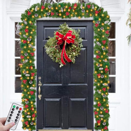 Remote Control&Timer 8 Modes-9 Ft by 10 Inch Prelit Christmas Garland Decorations 50 Warm White Lights Lighted Cedar Garland 300 Branch 198 Red Berries 18 Pinecone Mantle Xmas Garland Christmas Decor