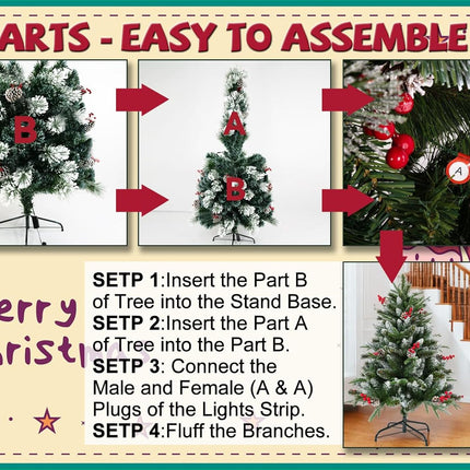4ft Christmas Tree Prelit 4 feet Christmas Tree with Lights Fluffy 272 PVC PE Pine Needle, 18 Pinecones, 18 Berries, 140 Warm White Lights Bring Holiday Touch Full & Realistic Thin Shinny Snow