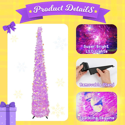 OurWarm 5 FT Purple Pop Up Christmas Tree with 60 LED Lights, Tinsel Collapsible Christmas Tree with Sequins, Prelit Artificial Pencil Xmas Tree for Home Room Indoor Outdoor Holiday Party Decoration