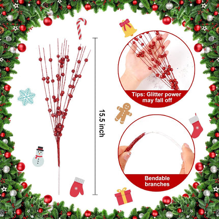 10 Pack Artificial Glitter Berry Stem 15'' Fake Christmas Picks Red Ornaments for Christmas Tree Decorative Bead Sticks Glittery Twigs for Vase Year Wedding DIY Garland Wreath Home Decor