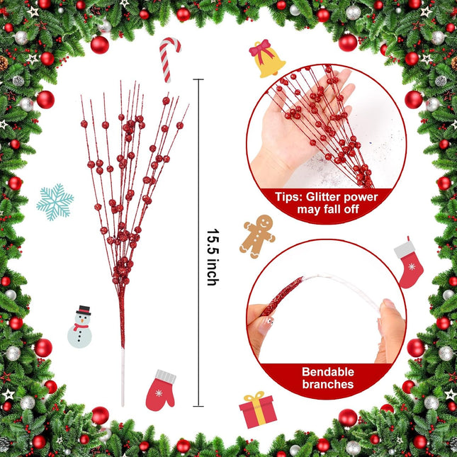 10 Pack Artificial Glitter Berry Stem 15'' Fake Christmas Picks Red Ornaments for Christmas Tree Decorative Bead Sticks Glittery Twigs for Vase Year Wedding DIY Garland Wreath Home Decor