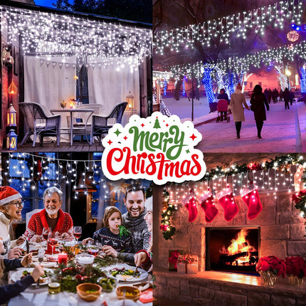 KNO Christmas Lights Outdoor Decorations 400 LED 33ft 8 Modes Curtain Fairy String Light with 75 Drops, Clear Wire LED String Light Decor for Wedding Party Holiday Christmas Decorations Cool White