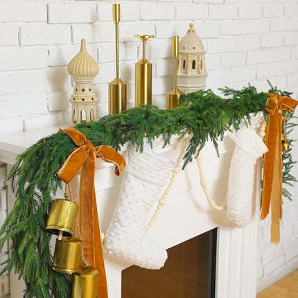 1 Pcs Norfolk Pine Garland with 1 Pc Khaki Velvet Ribbon 3 Pcs Rustic Iron Wrought Bell for Christmas Home Decor(15 Ft)