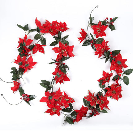 Christmas Garland, Poinsettia Christmas Flowers Decorations Garland, Artificial Flowers Garland with Red Berries Holly Leaves, Christmas Tree Decor Xmas Party Fireplace Wall Garden Decor, Pack of 2