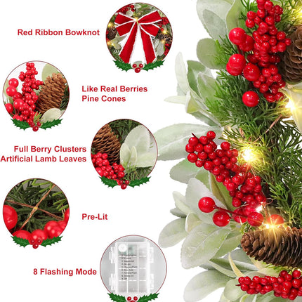 N&T NIETING 20 Inch Christmas Wreath with Lights for Front Door Pre-lit Wreaths with Bow Berries Pinecones Battery Operated 8 Lighting Modes Timer for Kitchen Wall Fireplace Indoor Outdoor Xmas Decor