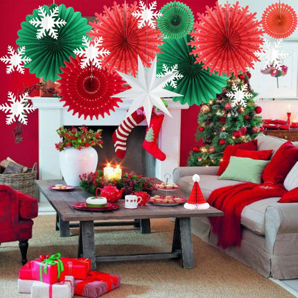 Christmas Party Decorations Red and Green Hanging Paper Fans Glitter Silver Snowflake Ornaments Nine-pointed Paper Star Lantern for Winter Christmas Birthday Wedding Year Party Decoration