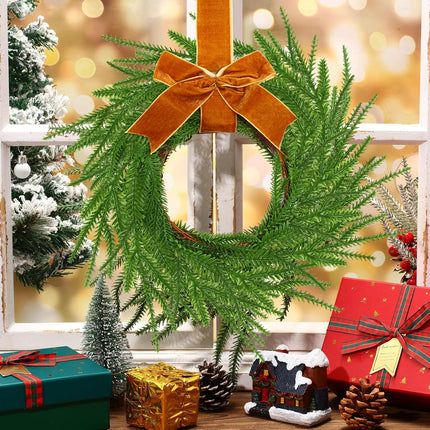 Dingion 8 Pcs Christmas Norfolk Pine Wreath Decoration Mini Christmas Kitchen Cabinet Wreaths with Brown Bow Ribbon Small Farmhouse Wreath Artificial Hanging Garlands for Xmas Porch Wall Window Decor